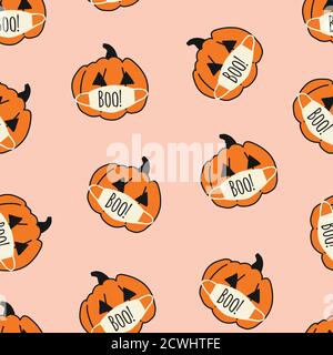 Fond vectoriel sans couture Corona Halloween Pumpkin. Citrouilles portant des masques de visage à répétition rose. Illustration du virus Covid 19 pour Halloween Illustration de Vecteur