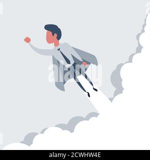 Le super-héros de l'homme d'affaires vole et laisse un nuage de poussière. Le super travailleur dans le manteau prend son envoc. Concept commercial de puissance et d'unicité. Illustration de Vecteur