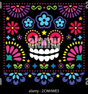 Art folklorique mexicain vecteur art folk design avec sucre crâne et fleurs, coloré Halloween et carte de voeux jour de la mort sur noir Illustration de Vecteur