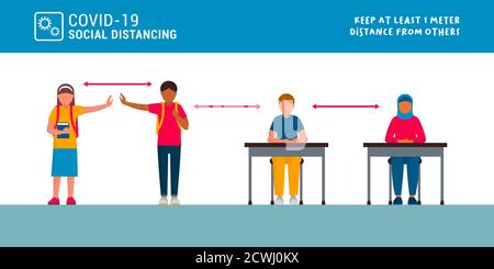 Distanciation physique à l'école, prévention du coronavirus covid-19 et concept des enfants Illustration de Vecteur