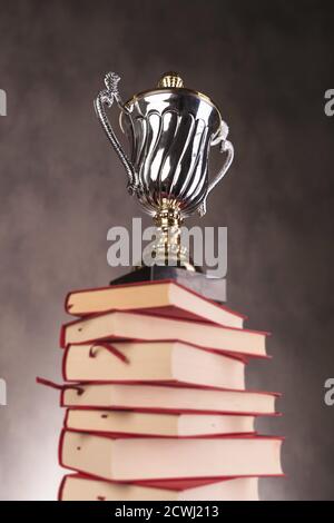 coupe trophée argent et or sur une pile de livres , symbole de succès par l'éducation Banque D'Images