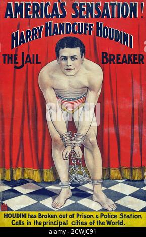 Harry Houdini, né Erik Weisz, 1874 - 1926. Artiste américain d'évasion né en Hongrie, magicien et artiste de cascades. D'une affiche annonçant une performance datant de 1900. Banque D'Images