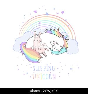 Illustration vectorielle d'une licorne de sommeil dessinée à la main avec jouet lapin et texte - LICORNE DE SOMMEIL sur fond de fil. Style de dessin animé. Couleur. Illustration de Vecteur