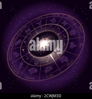 Illustration vectorielle avec cercle d'horoscope, symboles et pictogrammes zodiaques planètes astrologiques sur fond ciel étoilé avec motif géométrique. JE Illustration de Vecteur