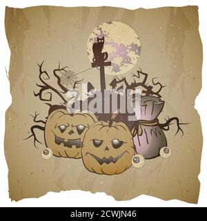 Illustration d'Halloween vectorielle avec des citrouilles à sourire et un château sur fond de grunge. Illustration de Vecteur