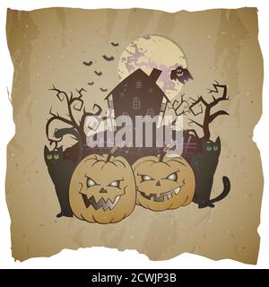 Illustration d'Halloween vectorielle avec des citrouilles à sourire, une maison abandonnée et un fantôme sur fond de grunge. Illustration de Vecteur
