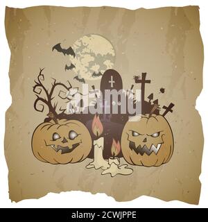 Illustration d'Halloween vectorielle avec citrouilles à sourire, cimetière et bougie sur fond de grunge. Illustration de Vecteur