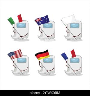 Ghost parmi nous personnage de dessin animé blanc apporte les drapeaux de divers pays Illustration de Vecteur