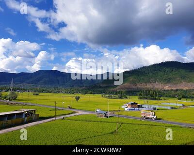 Destination vue de ciel bleu ciel nuageux de beaux villages et champs de riz de villageois dans les États indiens. Cultures de couleur verte et jaune dorée en Inde Banque D'Images