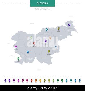 Carte de Slovénie avec repères de localisation. Modèle vectoriel d'infographie, isolé sur fond blanc. Illustration de Vecteur