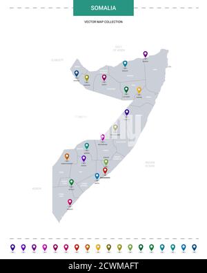 Carte de Somalie avec repères de localisation. Modèle vectoriel d'infographie, isolé sur fond blanc. Illustration de Vecteur