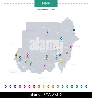 Carte du Soudan avec repères de localisation. Modèle vectoriel d'infographie, isolé sur fond blanc. Illustration de Vecteur