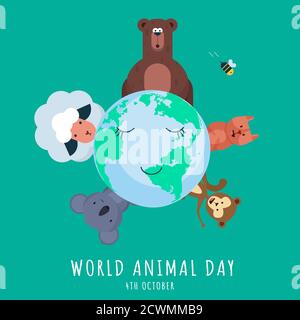 Journée mondiale des animaux, 4 octobre, affiche avec de mignons illustrations d'animaux, vecteur Illustration de Vecteur