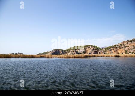 La rivière Dalyan est une destination touristique populaire en Turquie. La rivière accueille le caretta caretta et de nombreux oiseaux et poissons. Banque D'Images