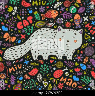 Illustration dessinée à la main. Un chat gris gras entouré de fleurs, de poissons, de jouets et d'autres membres du personnel félin. Style Doodle. Sur fond sombre Illustration de Vecteur