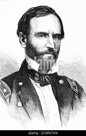 Général Sherman. William Tecumseh Sherman. Général commandant de l'armée américaine. Guerre de Sécession. 1820-1891. Illustration ancienne. 1865. Banque D'Images