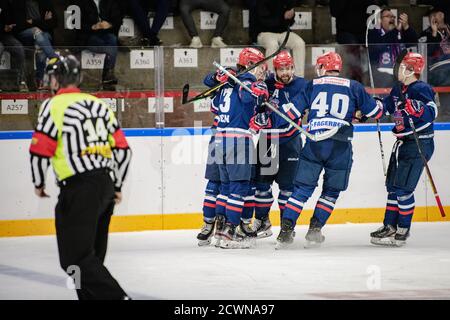 Horsholm, Danemark. 29 septembre 2020. Les joueurs de Rungsted Seier Capital célèbrent un but lors du match de hockey sur glace Metaligaen entre Rungsted Seier Capital et Aalborg Pirates à Bitcoin Arena à Horsmolm. (Crédit photo : Gonzales photo/Alamy Live News Banque D'Images
