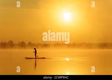 Silhouette de l'homme sportif qui rame l'oar sur le plateau sup Banque D'Images