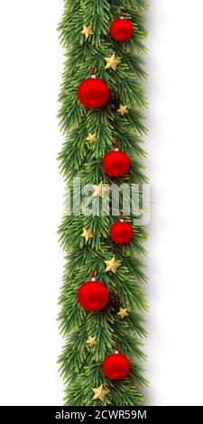 Branche de noël verte avec boules rouges, étoiles dorées sur fond blanc. Décoration sans couture verticale naturelle en sapin. Joyeux Noël vecteur réaliste, nouvel an Illustration de Vecteur