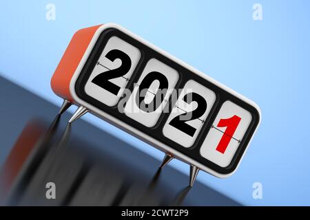 Horloge à rabat rétro avec affiche du nouvel an 2021 sur fond bleu. Rendu 3d Banque D'Images