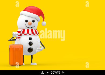 Bonhomme de neige en chapeau de père Noël mascotte avec Orange Travel Suitcase sur fond jaune. Rendu 3d Banque D'Images