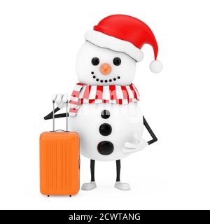 Bonhomme de neige en chapeau de père Noël mascotte avec Orange Travel Suitcase sur fond blanc. Rendu 3d Banque D'Images