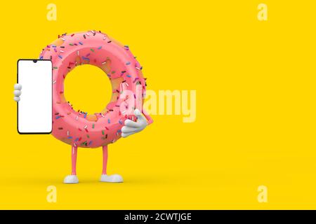 Big Strawberry Rose glacé Donut personnage Mascot avec téléphone mobile moderne avec écran vierge pour votre conception sur un fond jaune. Rendu 3d Banque D'Images