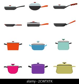 Ensemble de poêle et de casserole. Batterie de cuisine et différents plats de style Uni et plat. Illustration vectorielle. Illustration de Vecteur