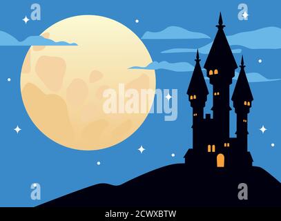 château hanté avec fullmoon halloween scène vector illustration design Illustration de Vecteur