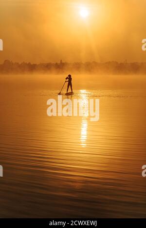 Homme musclé sur la distance pagayant sur le plateau sup Banque D'Images