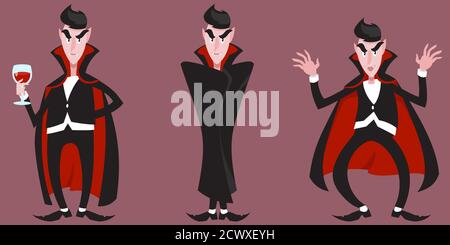 Compter Dracula dans différentes poses. Personnage d'Halloween en style caricature. Illustration de Vecteur