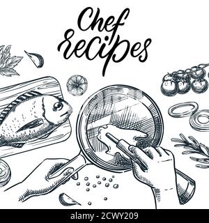 Cuisson du thon ou du dorado. Illustration du schéma vectoriel du processus de préparation des repas sains. Mains humaines versant de l'huile d'olive dans une poêle. Recettes du chef Illustration de Vecteur