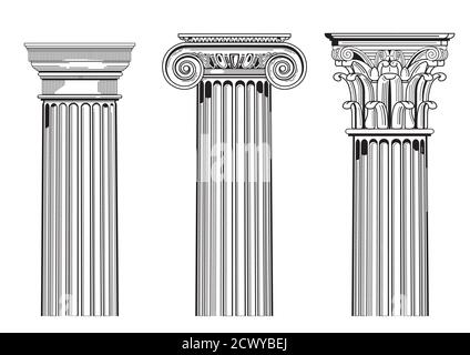Ensemble de trois illustrations vectorielles de colonnes de styles grec et romain, Doric, Ionic et Corinthien. Illustration de Vecteur