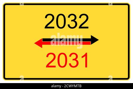 nouvelle année 2031,2032. nouvelle année 2031,2032 sur un panneau d'affichage de route jaune. Banque D'Images