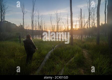 jeune femme blanche blonde qui fume le matin marais d'été avec tronc d'arbre gris sec - large rêveur angle de prise de vue Banque D'Images