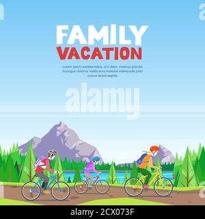 Vacances en famille, cyclisme et activités sportives en plein air. Maman, papa et fils à vélo sur la route de montagne. Illustration de style de dessin animé vectoriel. Illustration de Vecteur