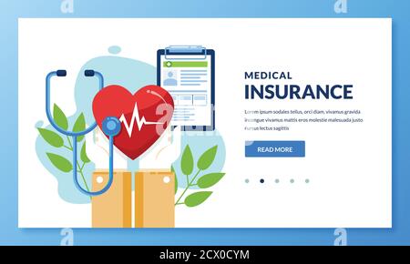 Concept d'assurance maladie. Illustration Vector Flat Medical Care. Mains tenant le coeur et la feuille d'assurance maladie. Modèle de page d'arrivée ou de bannière Illustration de Vecteur