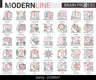 Concept de processus de cerveau complexe rouge mince icônes vecteur de ligne noire ensemble avec le traitement de l'esprit humain dans l'apprentissage, brainstorming de penser ou de recherche de succès idée, empathie et psychologie sociale, la créativité Illustration de Vecteur