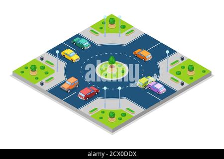 Accident de voiture et collision, illustration 3D vectorielle isométrique. Collision au carrefour du rond-point. Sécurité circulation routière et concept d'assurance. Illustration de Vecteur