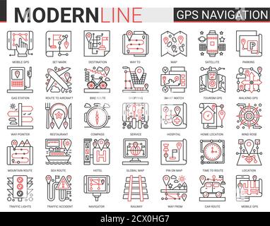 Service de navigation GPS concept complexe de ligne icône ensemble de vecteurs. Collection de symboles de voyage pour navigateur mobile, carte géographique de la maison ou de la destination de voyage, rouge noir fin et linéaire site web design Illustration de Vecteur