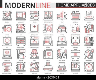 Appareils ménagers concept complexe ligne icône ensemble de vecteur. Symboles linéaires fins noirs rouges pour le nettoyage de la maison, la cuisine ou la salle de bains articles ménagers, les cheveux soins du corps et les gadgets électroniques collection de contour Illustration de Vecteur