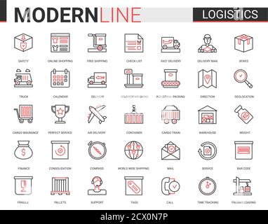 Ensemble d'illustrations vectorielles pour le transport logistique et le service de livraison. Symboles linéaires fins rouges noirs pour le site Web d'applications mobiles avec transport de fret, chargement d'entrepôt, expédition Illustration de Vecteur