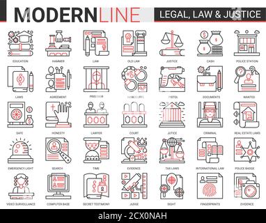 Droit juridique et justice concept complexe icône vecteur ensemble. Red Black Thin line infographie conception de symboles de sites Web d'applications mobiles avec formation à la législation judiciaire, défense des avocats, enquête de police Illustration de Vecteur