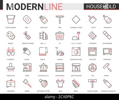 Outils ménagers plat fin rouge lignes noires icônes vecteur jeu d'illustration, contour nettoyage de maison, cuisine ou jardinage symboles linéaires, collection de travaux ménagers de l'équipement de nettoyage domestique, appareils ménagers Illustration de Vecteur