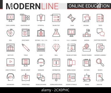 Enseignement à distance en ligne fin rouge lignes noires icônes vecteur ensemble avec des symboles de technologie éducative linéaire pour les applications mobiles avec apprentissage de processus dans les cours en ligne, l'école ou l'université de technologie Illustration de Vecteur