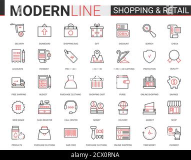 Jeu d'illustrations vectorielles d'icône de ligne noire rouge fine pour le shopping. Symboles d'application de site Web de boutique commerciale linéaire pour les commandes en ligne, livraison gratuite, ligne modifiable du centre d'appels d'assistance clientèle Illustration de Vecteur