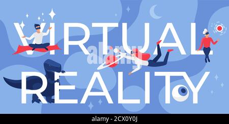 Illustration du vecteur de lettrage de réalité virtuelle. Un concept futuriste à plat avec des utilisateurs de développeurs dans des lunettes vr volant à côté de la réalité virtuelle de grandes lettres, futur fond de jeu interactif Illustration de Vecteur