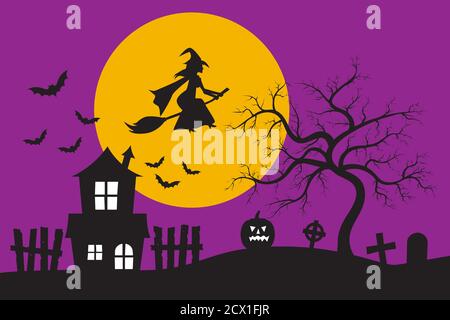 Sorcière volant sur le bâton de bois et ancienne silhouette hantée de maison devant la grande lune et le ciel violet avec des chauves-souris. Halloween concept de vacances Illustration de Vecteur