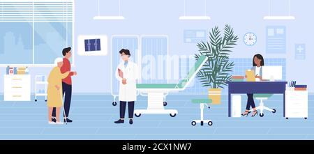 Illustration du vecteur de contrôle de traumatologie. Caricature femme et homme personnages visite médecin traumatologue en clinique médicale ou à l'hôpital pour un examen de traumatologie. Médecine soins de santé Illustration de Vecteur