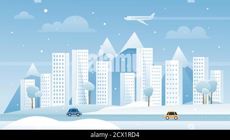 Illustration de vecteur ville d'hiver. Dessin animé plat urbain moderne ville métropole paysage, paysage urbain enneigé avec gratte-ciel bâtiments, voitures sur route scène d'hiver, Voyage poster arrière-plan Illustration de Vecteur